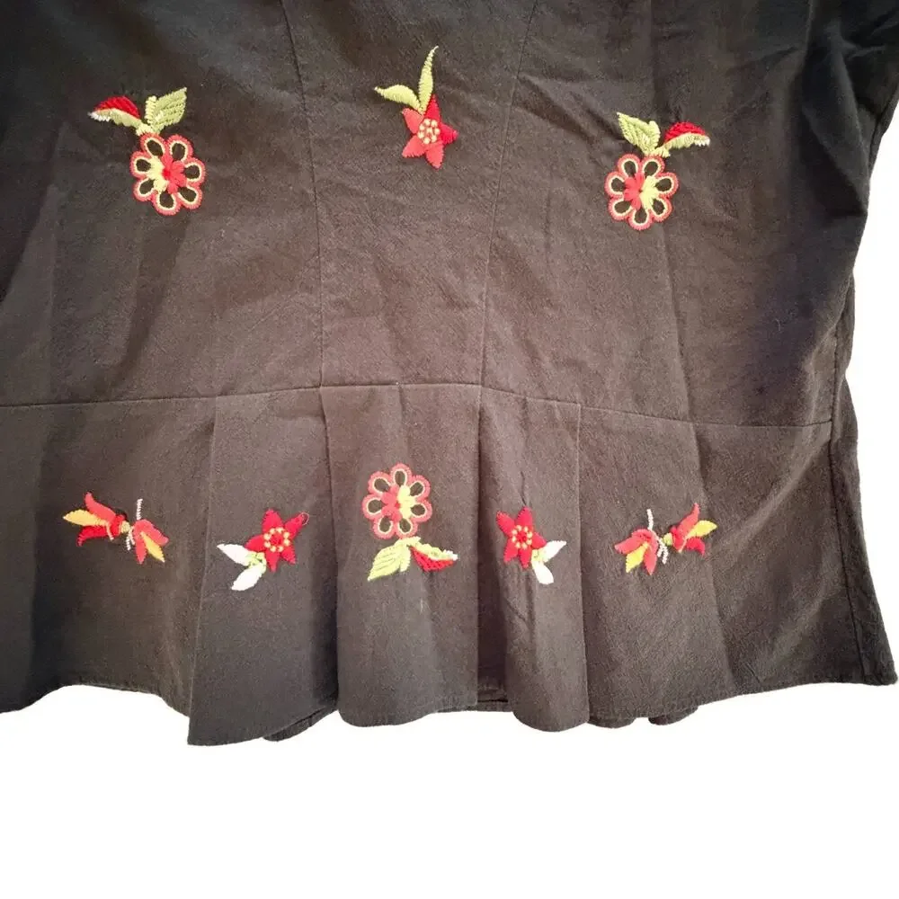 New Free People Kelly Black Floral Embroidered Button Detail Blouse XL $148 NWT